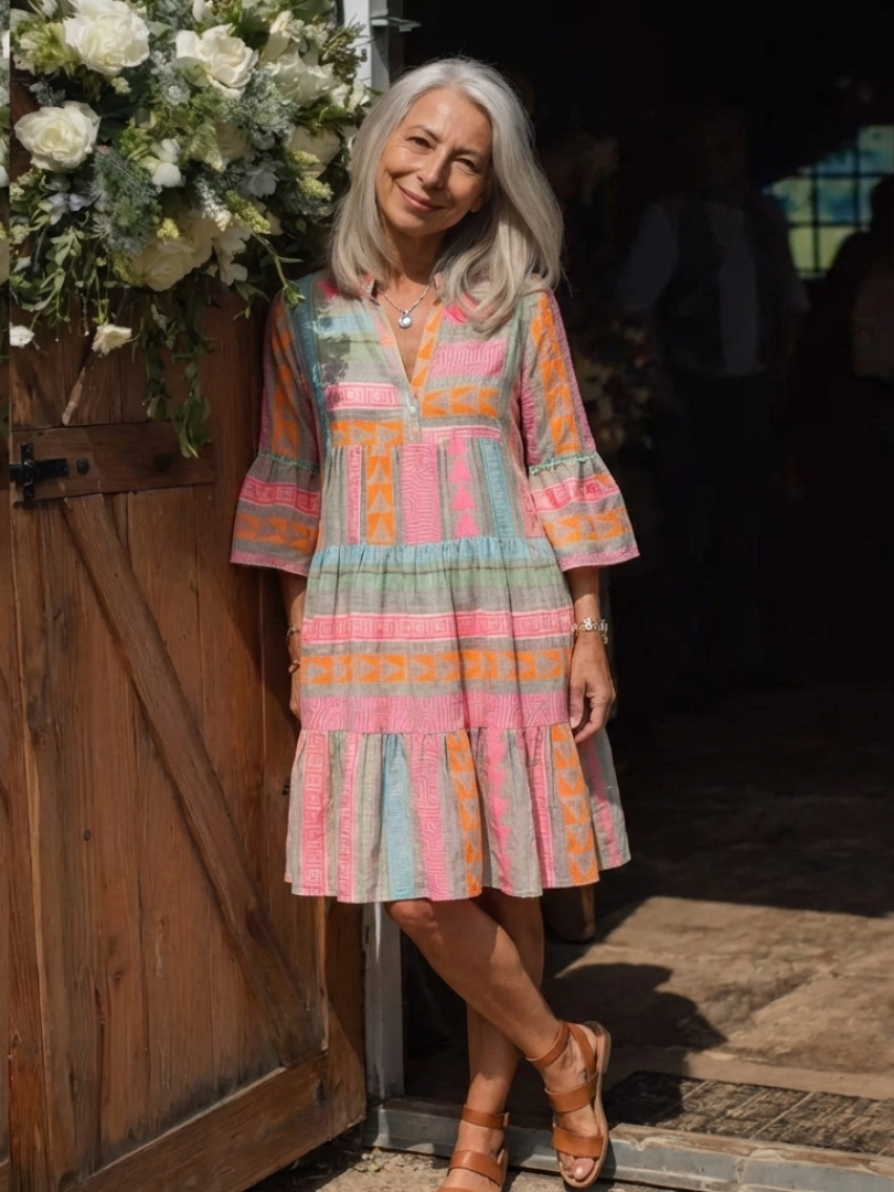Maelle | Robe à encolure en V avec imprimé géométrique, longueur genou