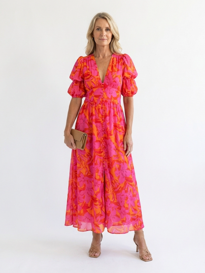 Willow | Robe midi à décolleté en V fleuri avec manches bouffantes