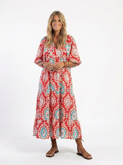 Zaria | Robe midi à imprimé paisley et décolleté en V à manches courtes