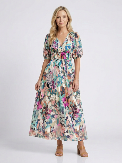 Eulalie | Robe midi à col en V et manches courtes froncées à la taille