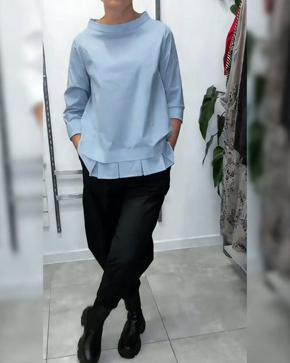 100% Coton Blouse Col Large Couleur Unie Décontracté