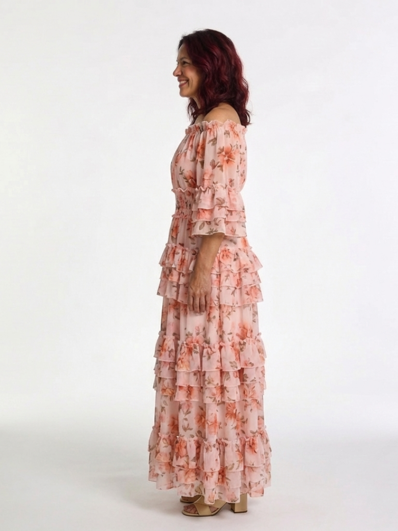Rosalie | Robe Maxi à Volants Florale à Épaules Dégagées