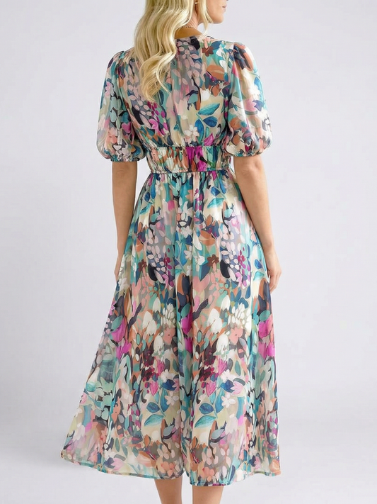 Eulalie | Robe midi à col en V et manches courtes froncées à la taille