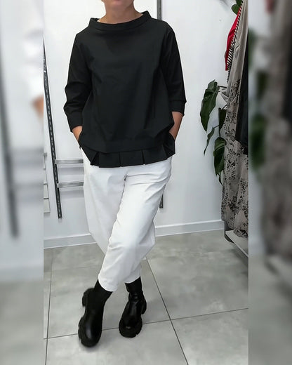 100% Coton Blouse Col Large Couleur Unie Décontracté