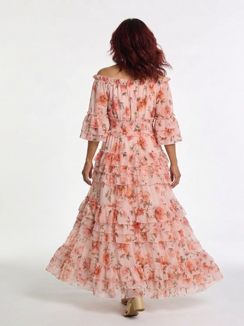 Rosalie | Robe Maxi à Volants Florale à Épaules Dégagées