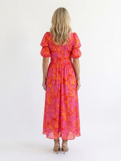 Willow | Robe midi à décolleté en V fleuri avec manches bouffantes