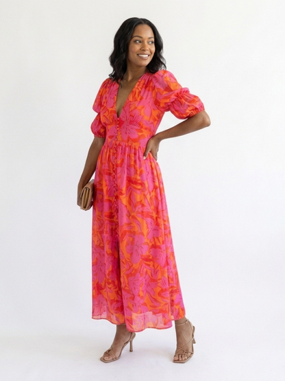 Willow | Robe midi à décolleté en V fleuri avec manches bouffantes