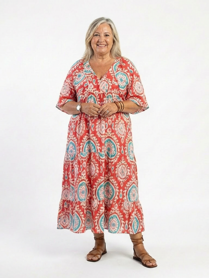 Zaria | Robe midi à imprimé paisley et décolleté en V à manches courtes