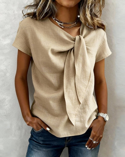 Blouson Mix Lin Encolure En V Manches Courtes Décontracté