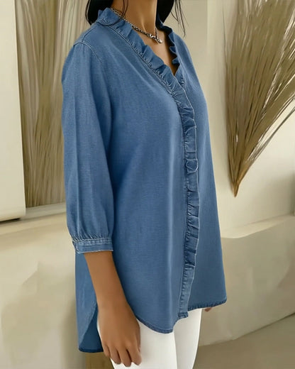 Blouse Ruffle Col-V Denim