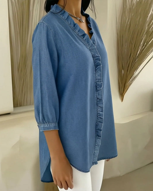 Blouse Ruffle Col-V Denim