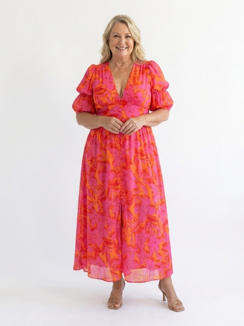Willow | Robe midi à décolleté en V fleuri avec manches bouffantes