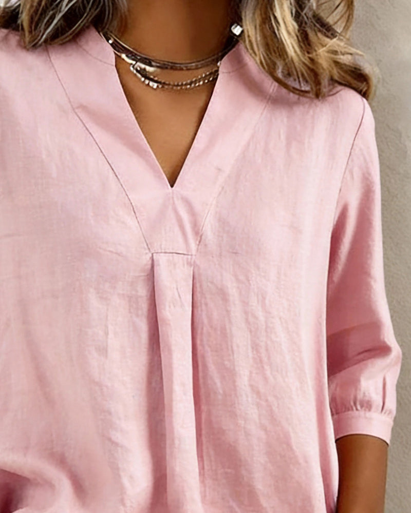 Blouse Décontracté Coton Uni Couleur Col en V