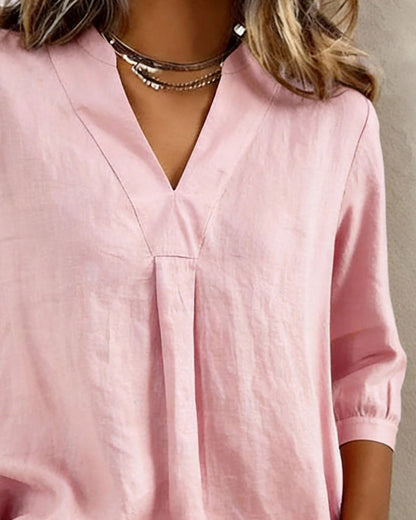 Blouse Décontracté Coton Uni Couleur Col en V