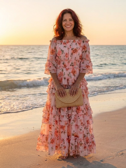 Rosalie | Robe Maxi à Volants Florale à Épaules Dégagées
