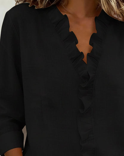 Blouse Froncé Col En V Manches Longues