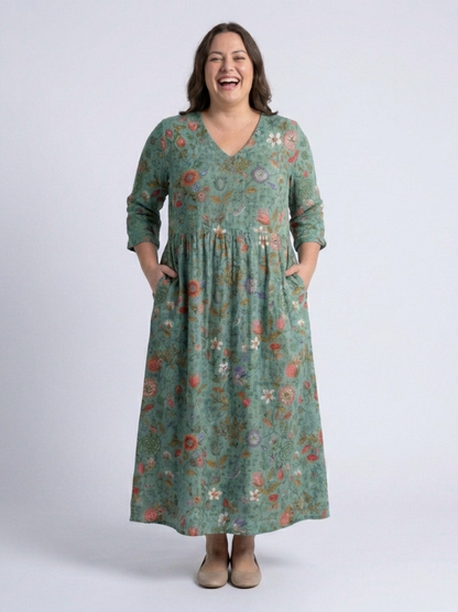 Marina | Robe maxi à décolleté en V floral avec manches trois-quarts