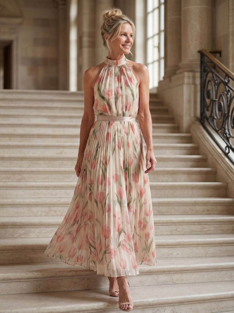 Aurelle | Robe Midi à Fleurs à Col Halter