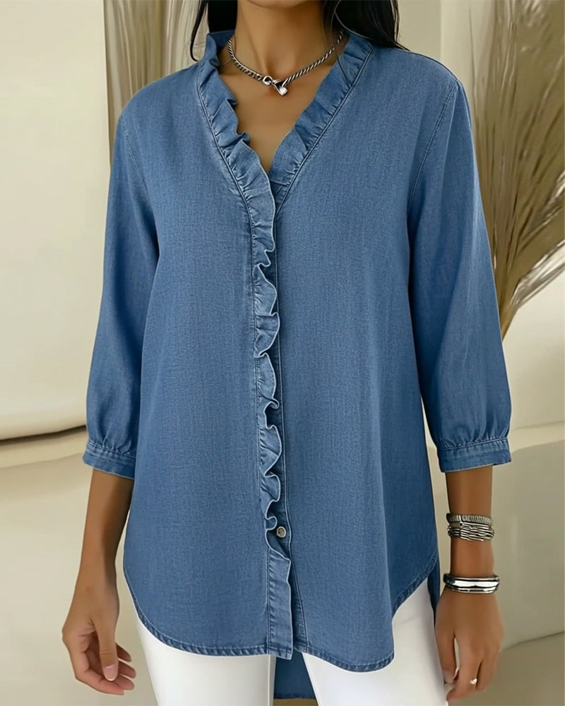 Blouse Ruffle Col-V Denim