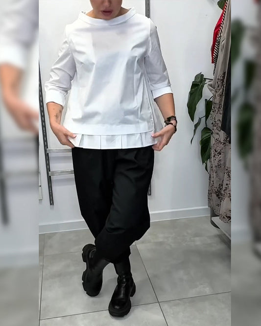 100% Coton Blouse Col Large Couleur Unie Décontracté