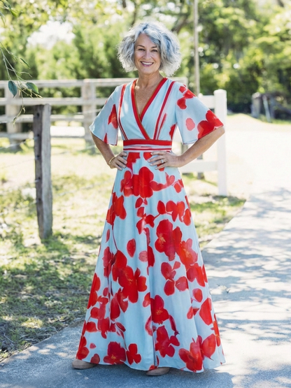 Corinne | Robe à fleurs à manches courtes avec décolleté en V