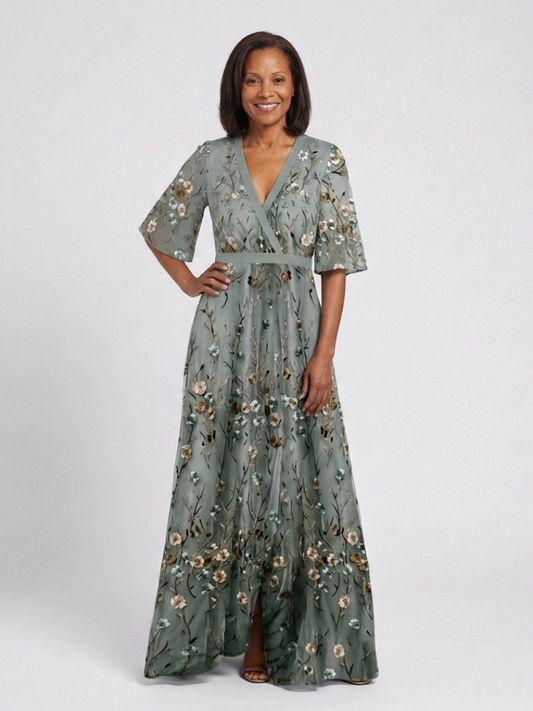 Evadne | Robe maxi florale à décolleté en V avec manches courtes
