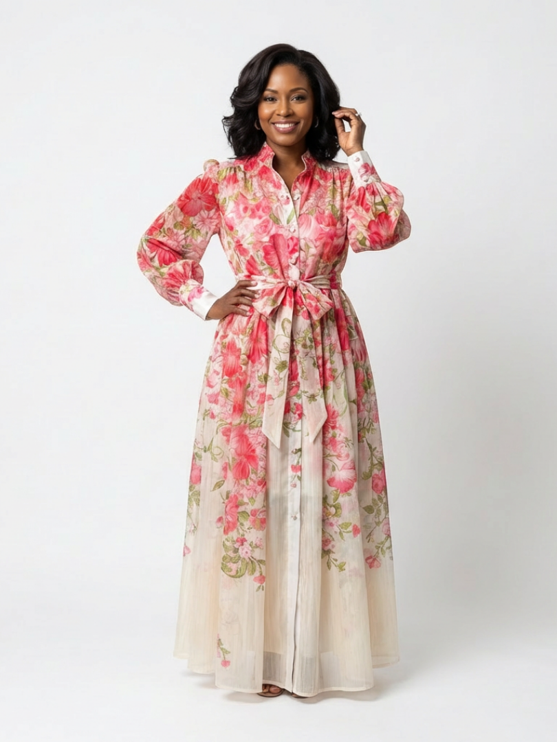 Cressida | Robe maxi florale et transparente avec manches longues